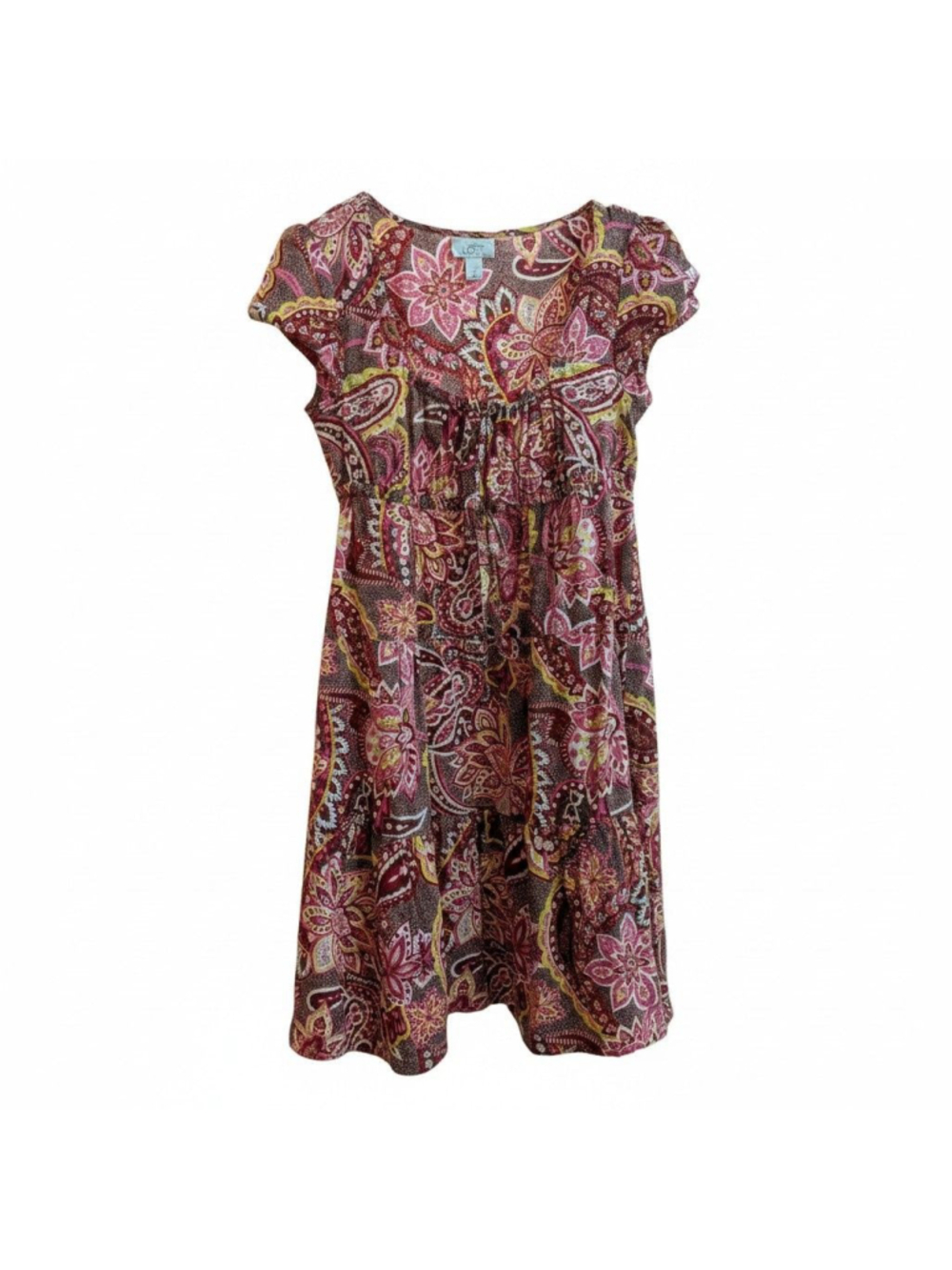 LOFT Floral Paisley Boho Dress Pink Burgundy Short Sleeve Tie Front dress 4